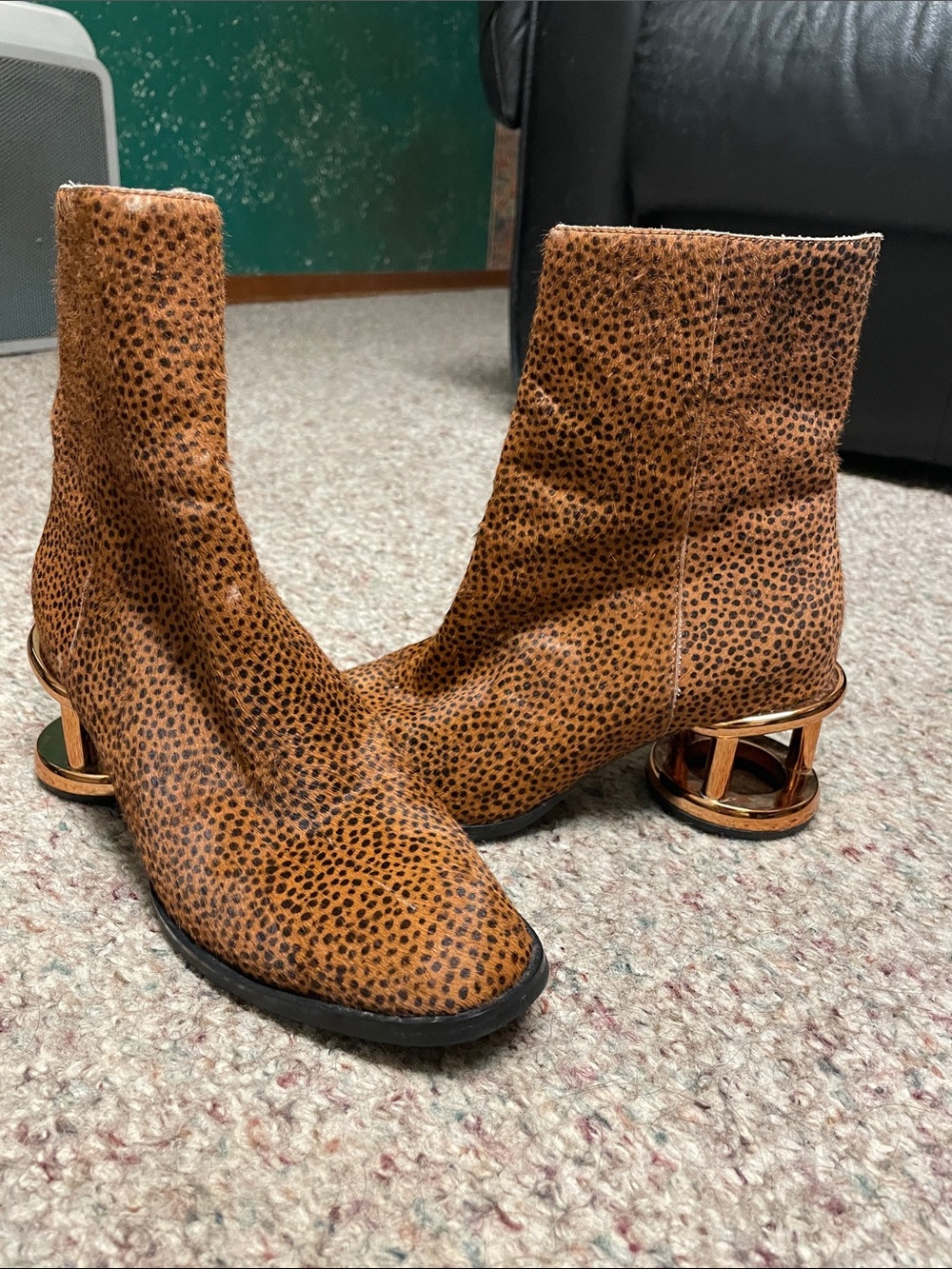 Jeffery Campbell real fur Ankle Boots with Gold cage Accent Heel